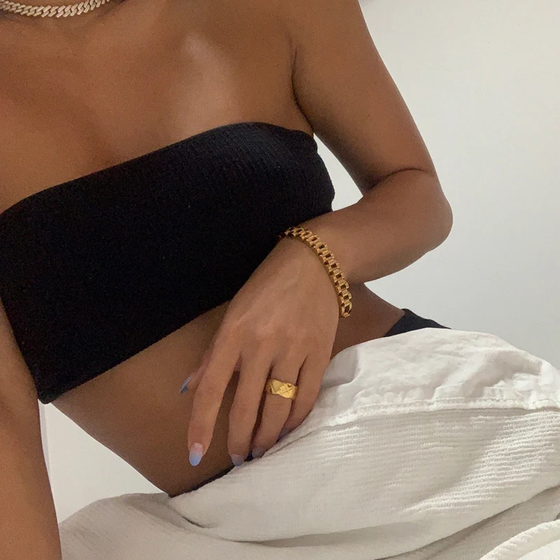 Titanium With 18 K Gold  Pave Watch Strap Statement Bracelet Women Stainless Steel Jewelry Chic Gown Japan South Korea Fashion