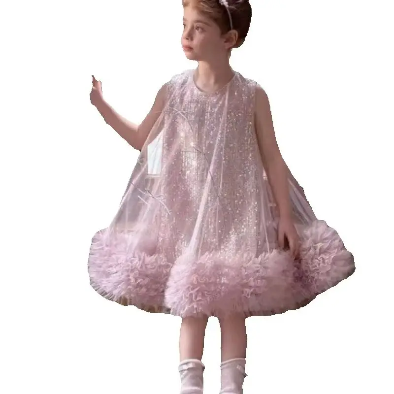 New High-End European and American Style Puffy Bow Sequin Princess Dress for Girls