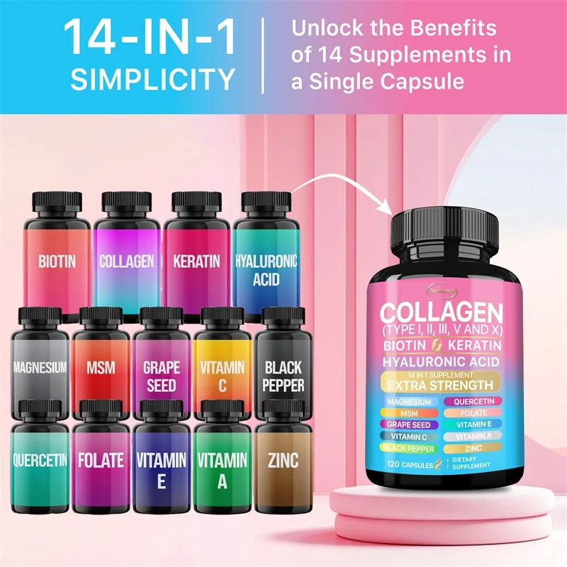 Collagen Supplement (Types I, II, III, V and X), Biotin, Keratin, Hyaluronic Acid, MSM - Skin, Nails & Joint Health, Anti-Aging