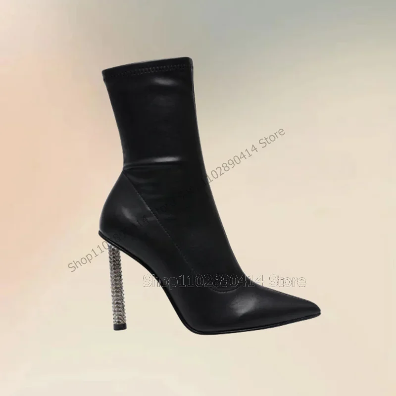 

Black Sewing Design Pointed Toe Crystal Heel Boots Side Zipper Women Shoes Thin High Heels Sexy Fashion 2023 Zapatos Para Mujere