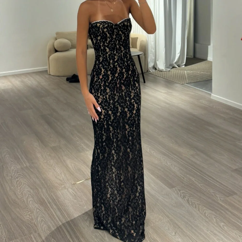 

Customized Straight Evening Dresses Floor-length Strapless Sleeveless Prom Gown Simple Fashion Crystal Lace Backless Party Gown