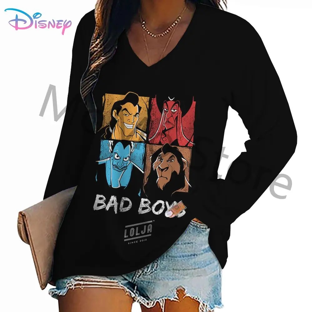 Disney Evil Queen V Neck Women's Long Sleeve T-shirts New High Quality S-3XL Top Youthful Woman Clothes Streetwear Y2k Lovely