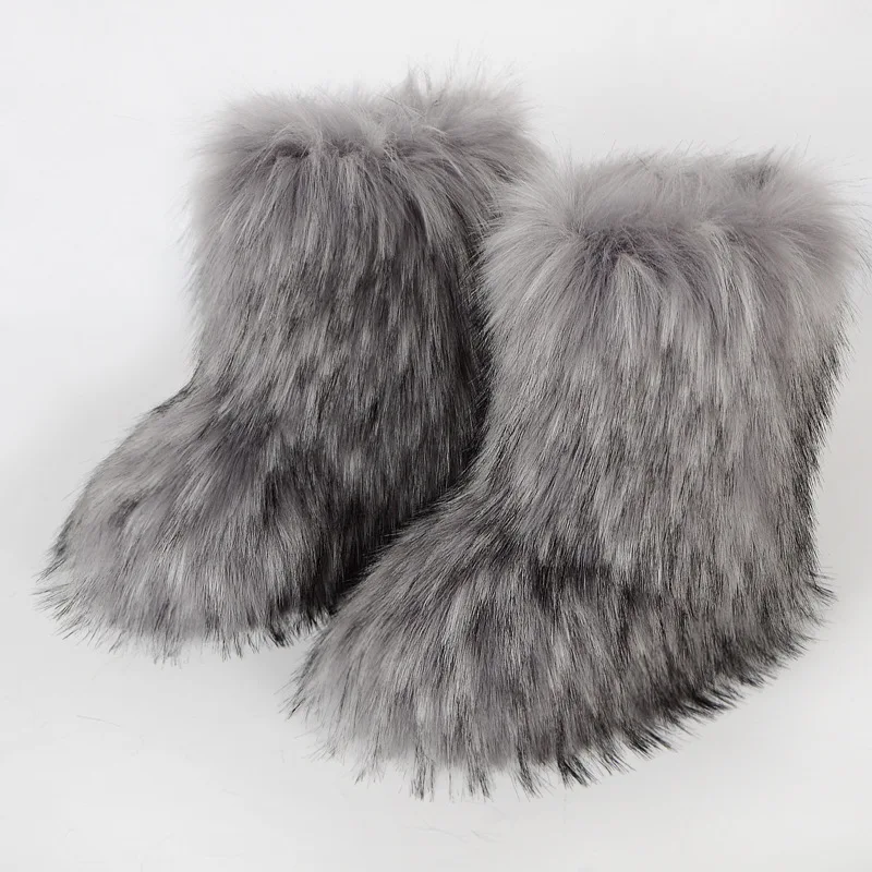 Fashion Y2K Boots Women Winter Furry Thick Warm Fur Snow Boots Round Toe Long Boots Color Plush Faux Fur Snow Boot Girls Shoes