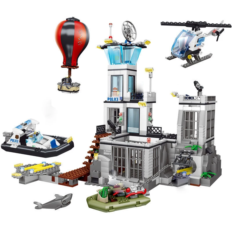 City Series Sea Prison Island Building Ship Helicopter Model Creative Building Blocks Toy Children\'s Assembly Toy For kids Gifts