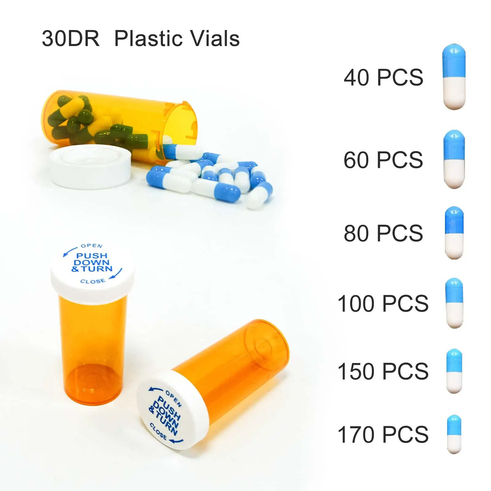 Bottiglie per pillole 6-60DR con tappo resistente ai bambini 12 fiale da prescrizione, contenitori vuoti in plastica per medicinali, copertura di sicurezza