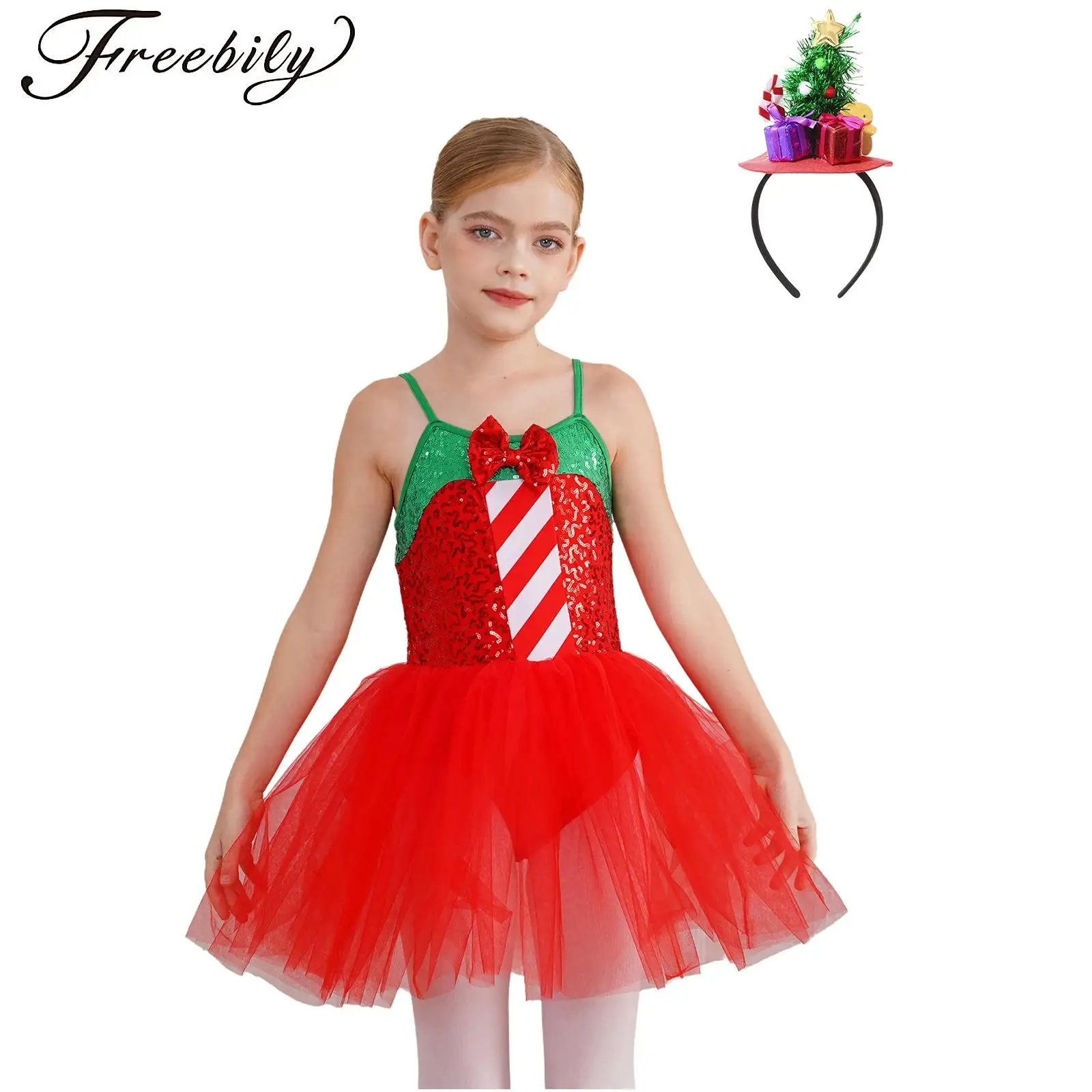 

Girls Sequin Christmas Dance Costume Sleeveless Candy Cane Striped Ballet Tutu Dress Bowknot Leotard Jumpsuit with Hair Hoop Set