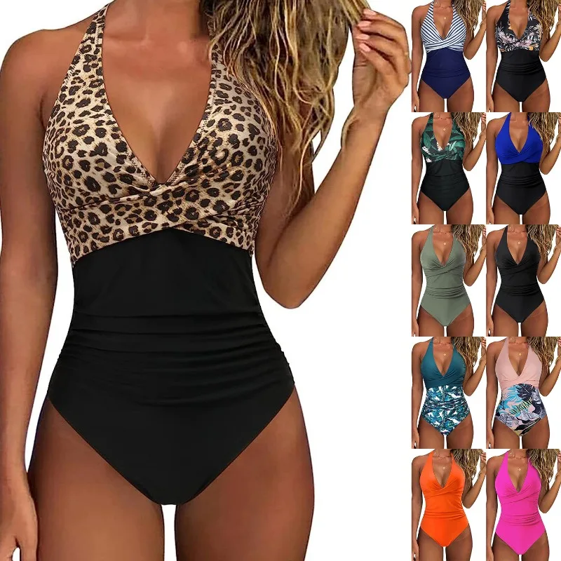 

2025 Women's Tight One-Piece Swimsuit-Sexy Open Back Color Block Cross European American Style Amazon Swimwear for Beach & Pool
