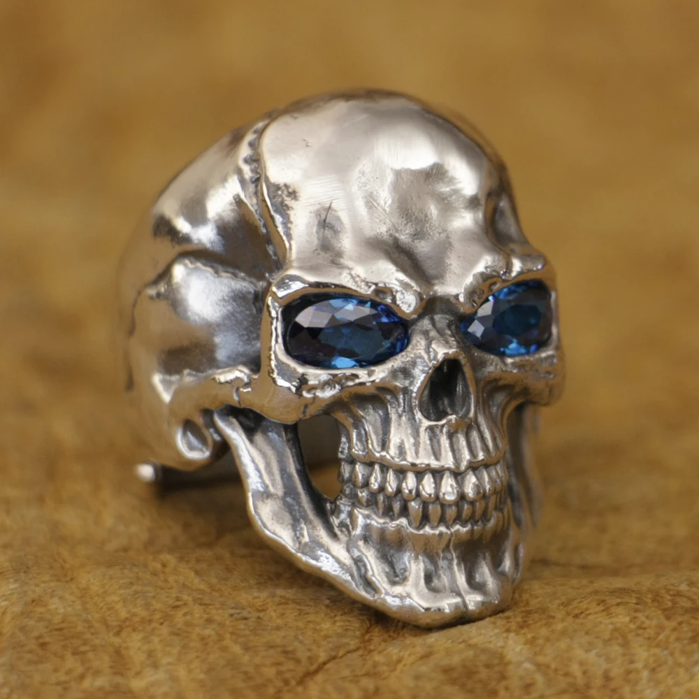 925 Sterling Silver Smile Skull Blue CZ Eyes Biker Rock Ring TA464 US Size 8~15 BZ