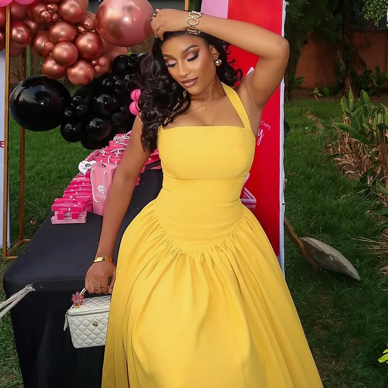 

Women's Lace-up Halter Strapless Slash Neck Sleeveless Backless Pleated Waistband A-Line Long Dress, Solid Color