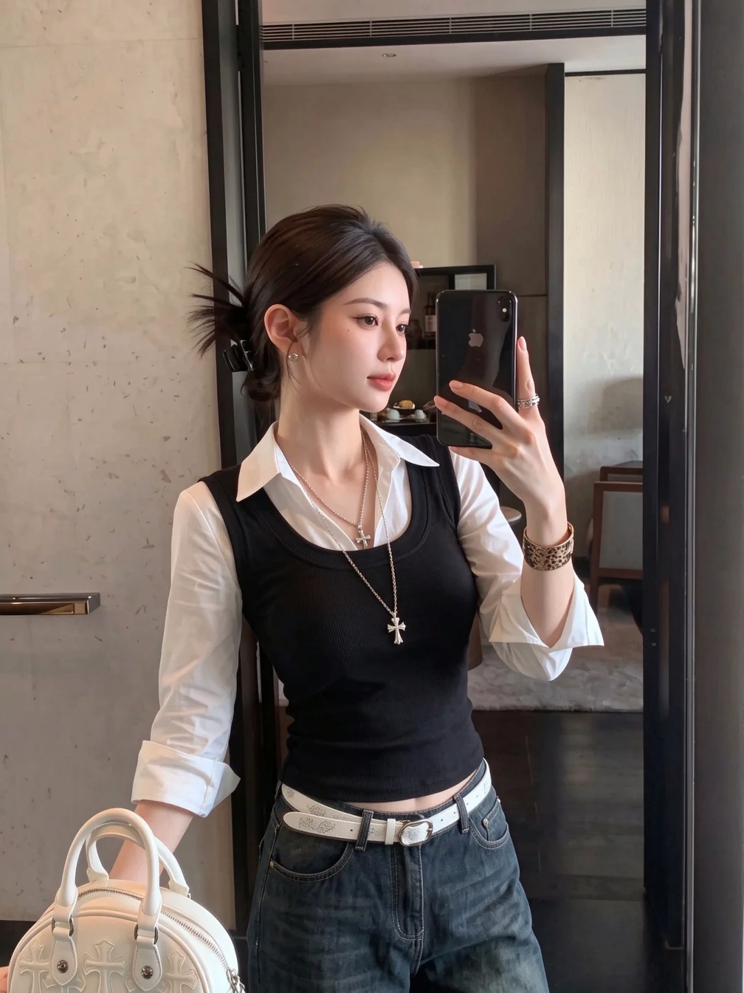 Korean Style Color Collision Long Sleeve  Neck T-Shirt Women's Slim Short Base Shirt Light Maturity Unique Top