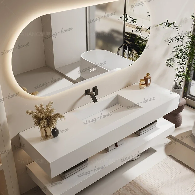 Custom-Designed Slanted Basin Bathroom Furniture Vanity Set with Integrated Stone Slab Single/Dual Basin Sink Modern Vanity Set