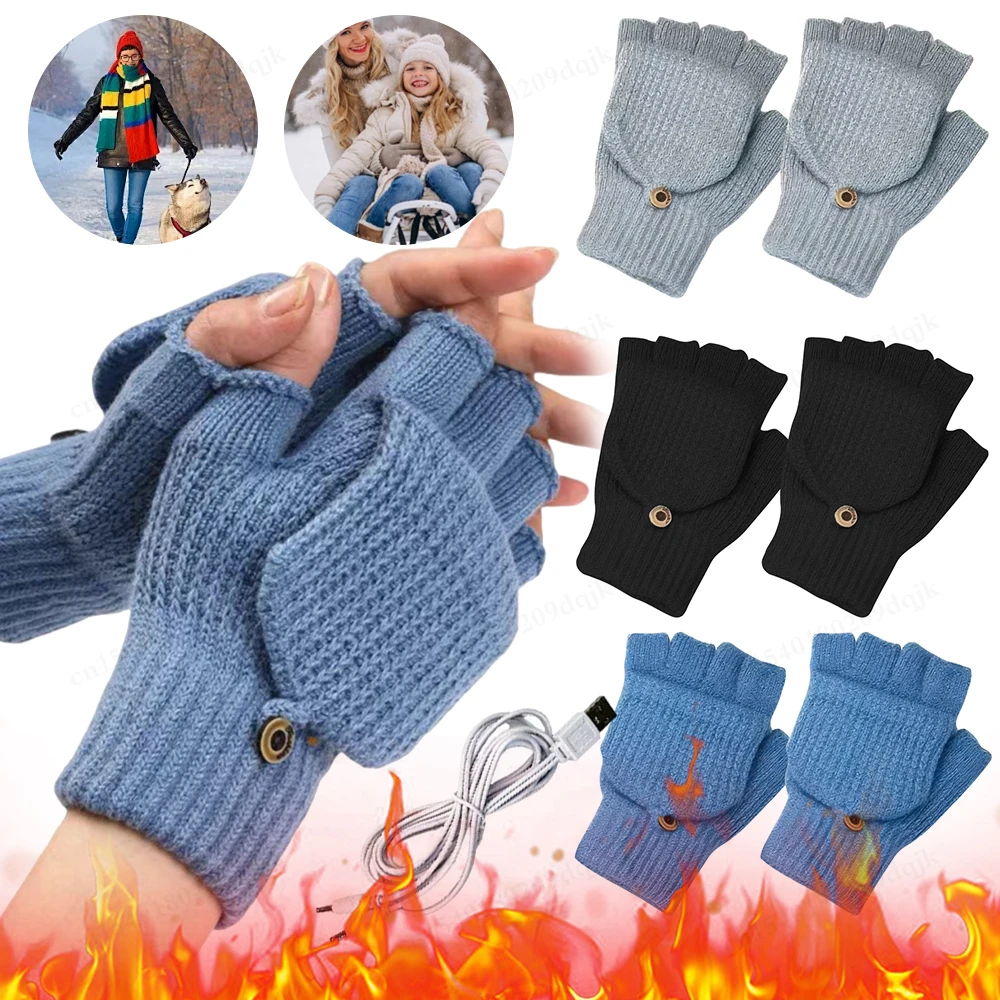 USB Electric Heated Gloves Winter Gloves Half Finger Knitted Thermal Windproof Warm Knitted Glove Motorcycle Bicycle Gloves