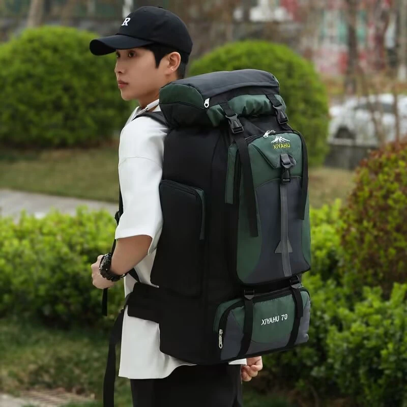 

70L Nylon Camping Backpack Travel Bag with Rain Cover Outdoor Hiking Daypack Mountaineering Backpack Men Shoulder Bags Luggage