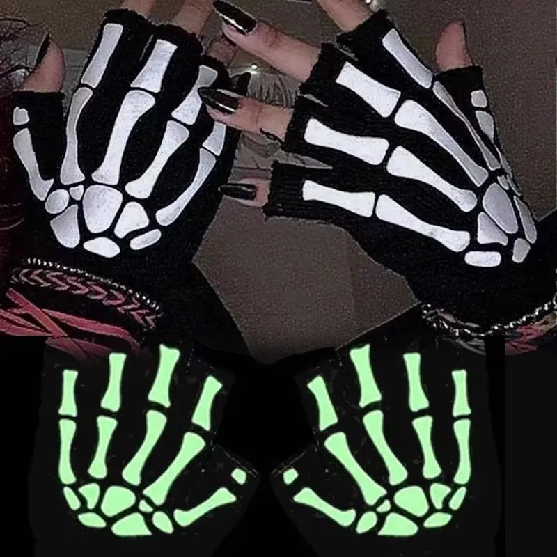 1/2/3/4pairs Adult Cosplay Halloween Skeleton Skull Half Finger Punk Gloves Glow In The Dark Fingerless Stretch Knitted Mittens