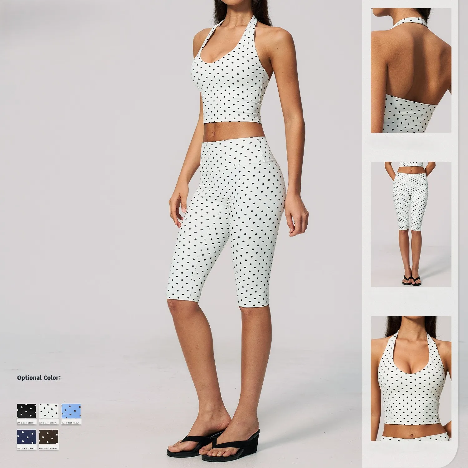 Women's Polka Dot Yoga Set Deep V Printed Polyester Spandex Activewear High Stretch Sculpt Gym Workout 2 Piece Outfit