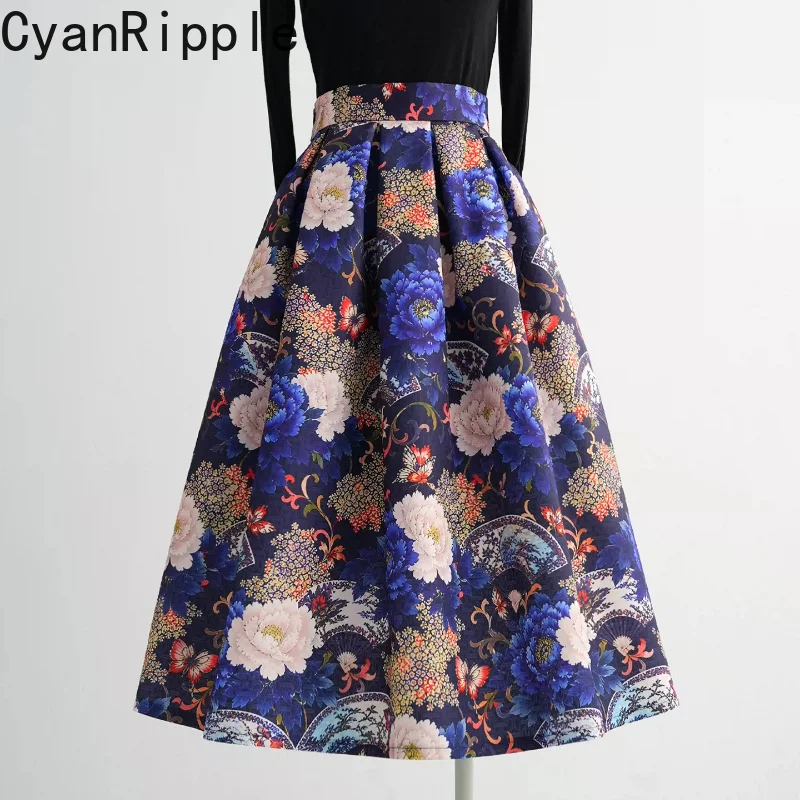 2026 New Autumn Vintage Flowers Printed Women Puffy Skirt All-match High Waist Elegant Mid-length A-line Casual Pleated Skirts
