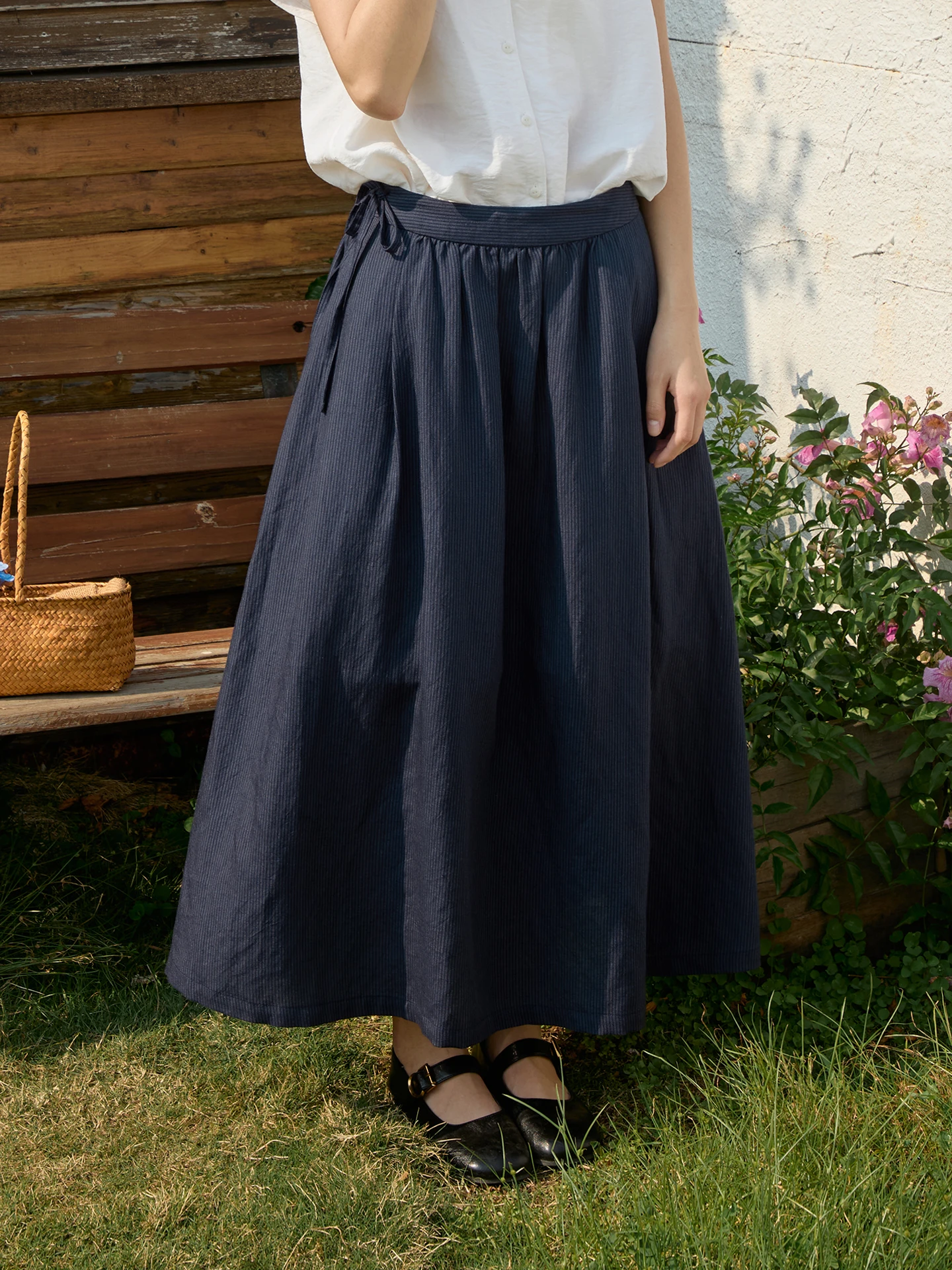 Retro Striped Midi Skirt Women's Summer  Linen Belted High Waist A-Line Skirt Breathable Comfortable Casual Daily Wear