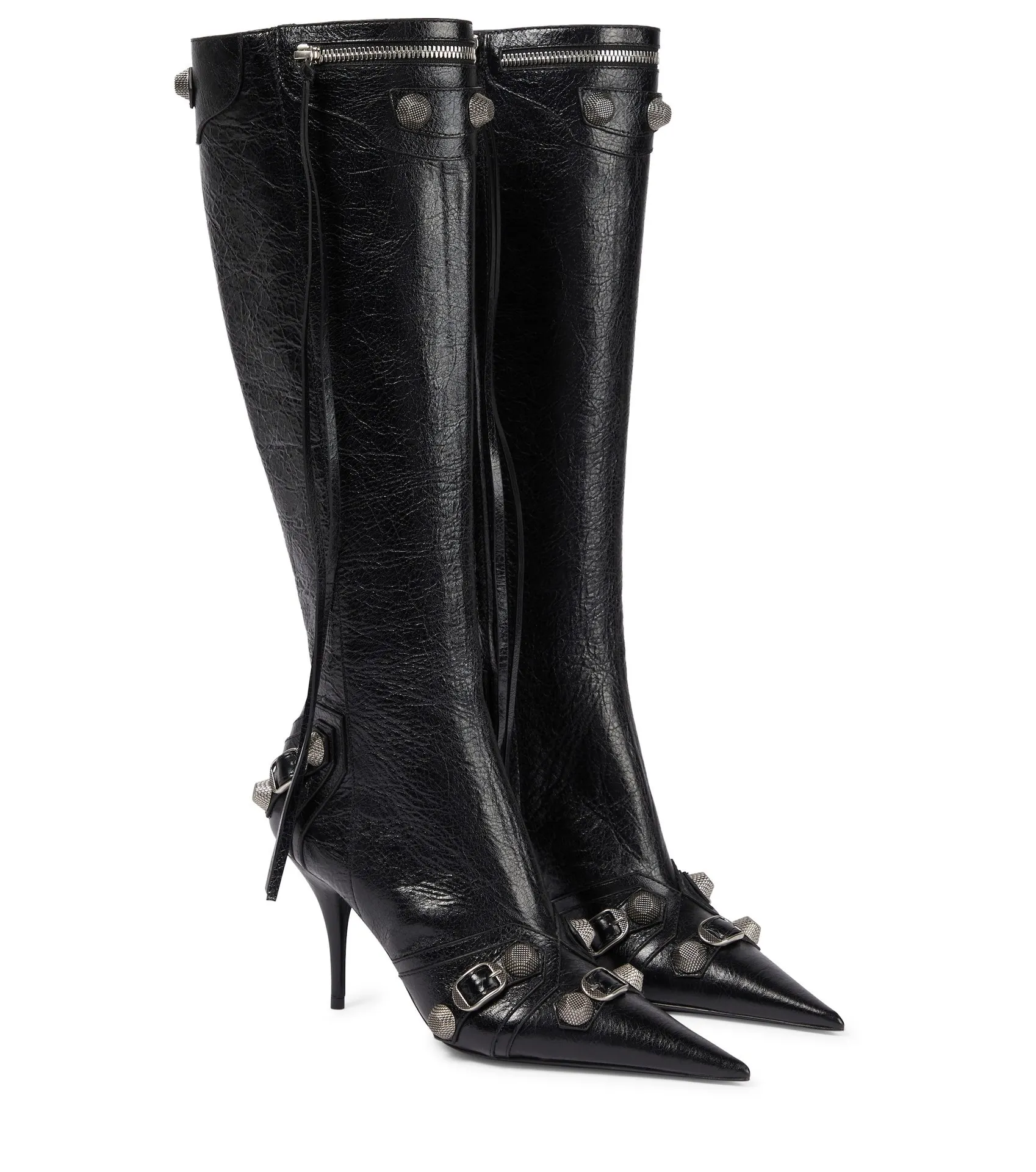 

Vintage Metal Studded Knee High Boots Pointy Toe Stiletto Heels Super High Heel Side Zip Heels Plus Size Women Boots Party