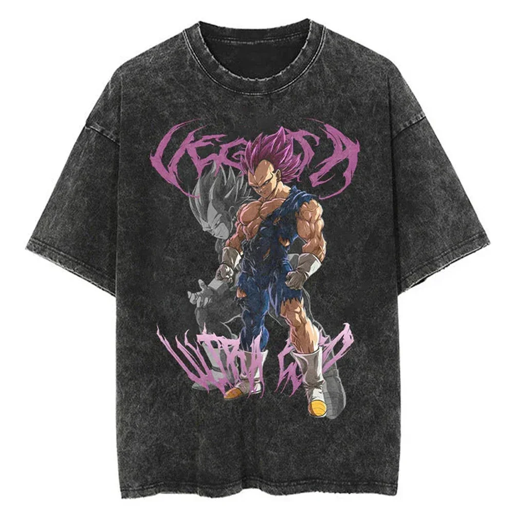 

2025Men's Washed Retro Black T-Shirt Summer Casual Cotton T-Shirt Hip Hop Streetwear Japanese Anime Dragon Ball Printed T-Shirt