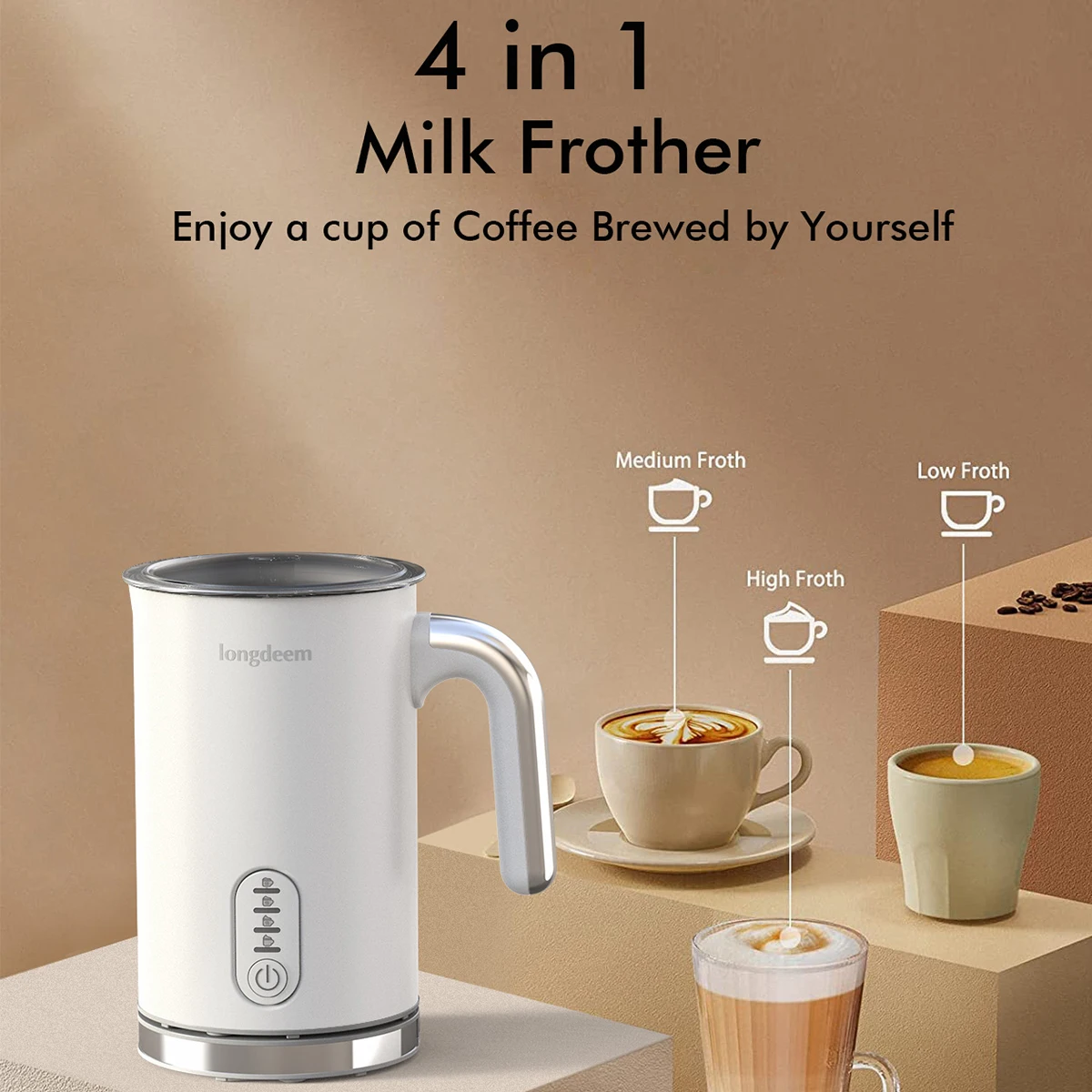 4-in-1 Electric Milk Foamer with Cold & Hot Froth for Latte Cappuccino - Automatic Coffee Foam Maker, White