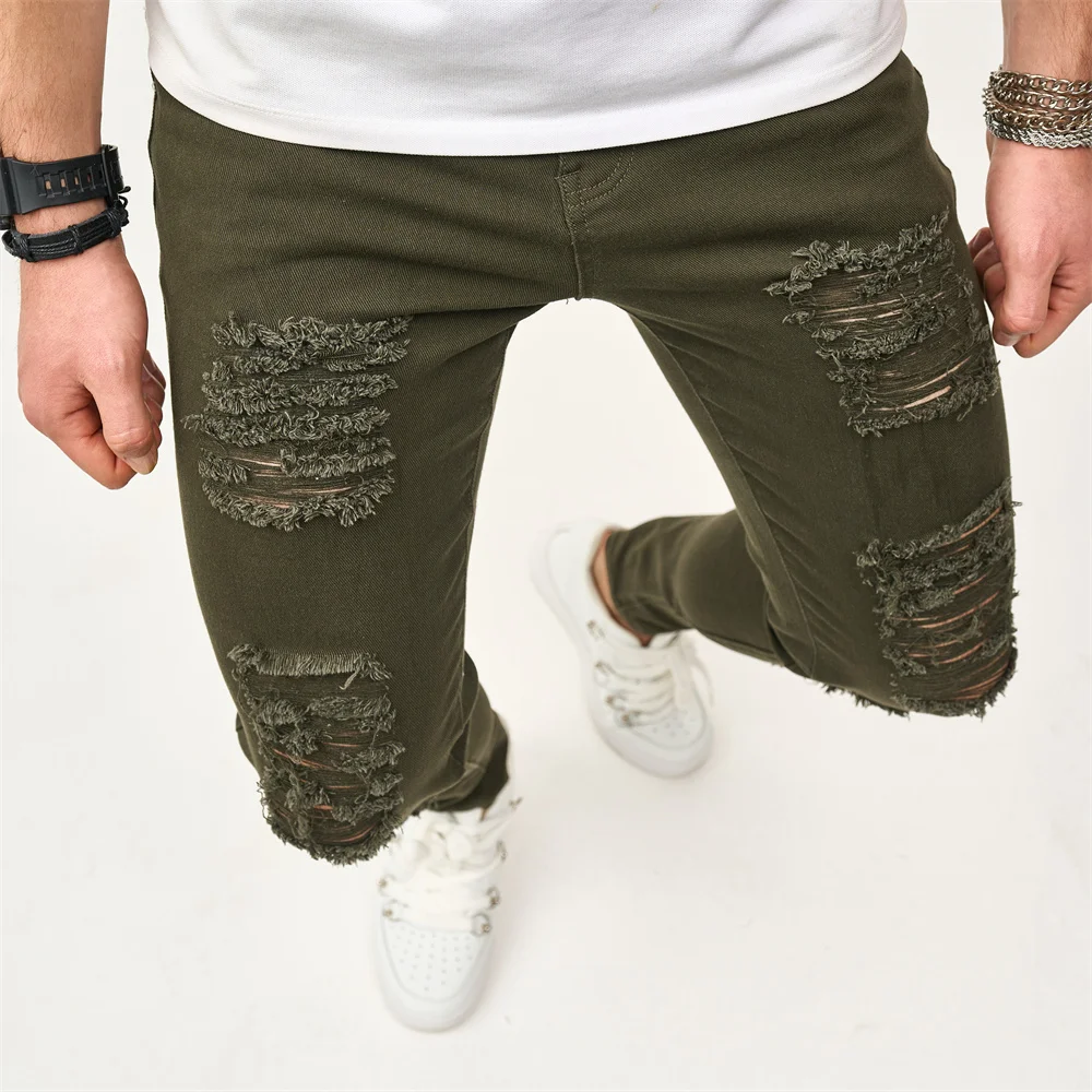 Street style Men Skinny Holes Beggar Jeans Good Quality Men's Distressed Stretch Slim Jogging Pencil Denim Pants Male Trousers