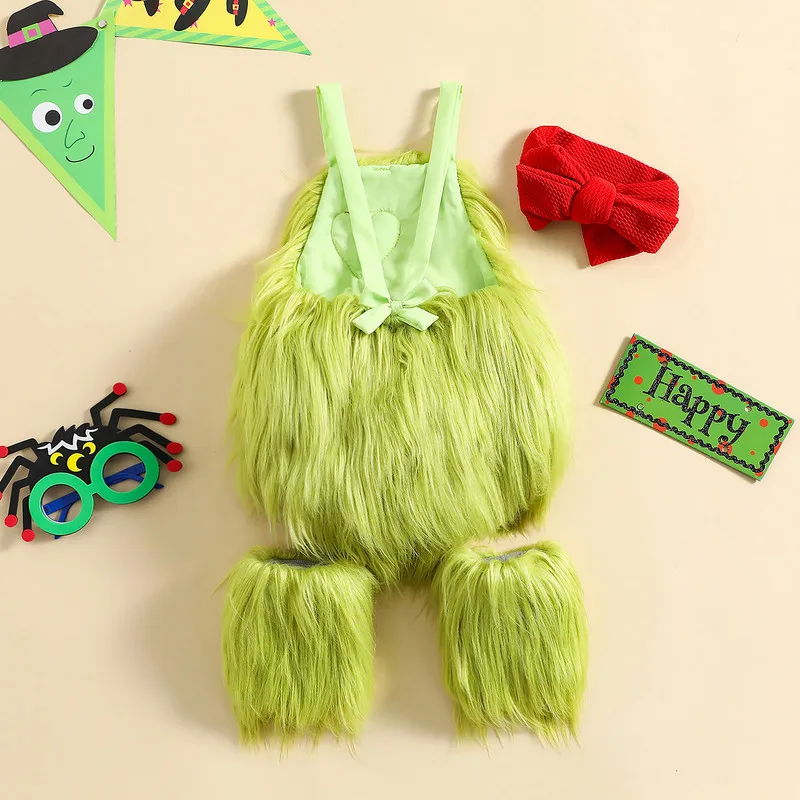 Halloween Newborn Baby Girl Boy Bodysuit Heart Applique Halter Neck Sleeveless Jumpsuit Solid Color Bow Headband Leg Warmer