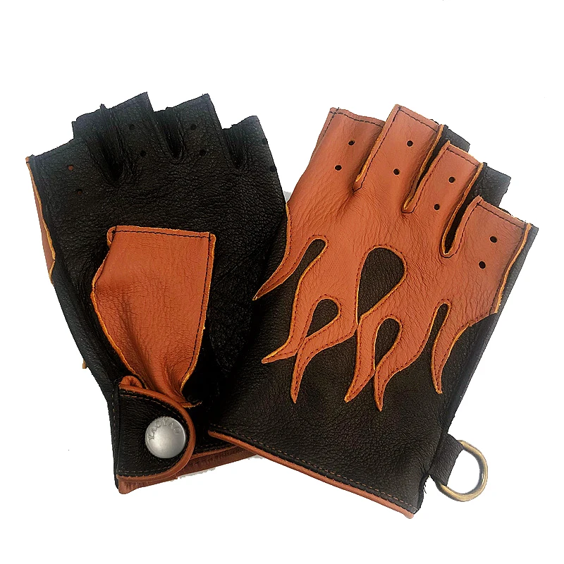 Men\'s Deerskin Gloves 2023 Spring NEW Locomotive Cycling Retro Thin Mittens Male Half Finger Color Blocking Flame Leather Luvas