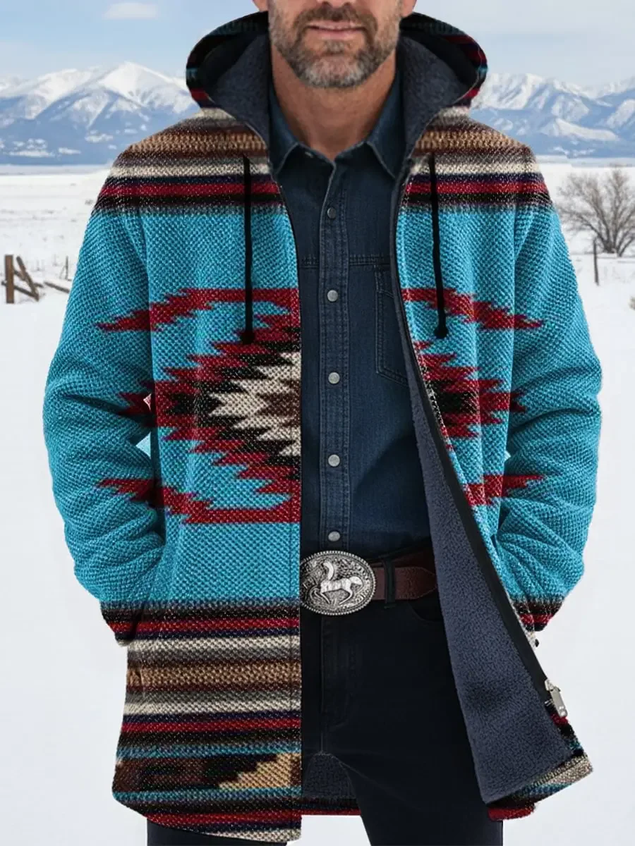 Vintage Aztec Art 3D مطبوعة أفخم سميكة طويلة الأكمام سترة معطف الرجال سترة سميكة الدافئة #5