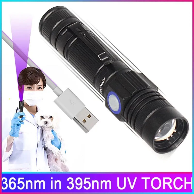 Linterna UV con Zoom de 365nm, detector de dinero de luz negra Recargable por USB, 5W, tipo C, para curado de resina, detección de orina de