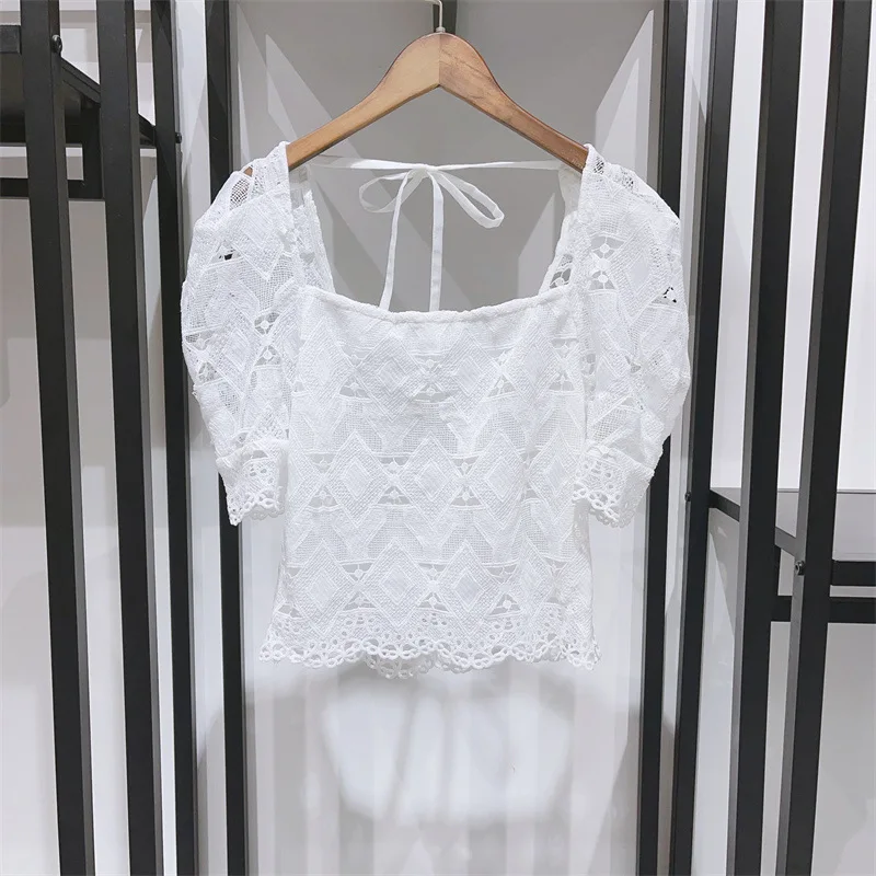 Blusa de encaje con estampado geométrico para mujer, blusa informal lisa con manga abombada y cuello cuadrado, primavera, 2024