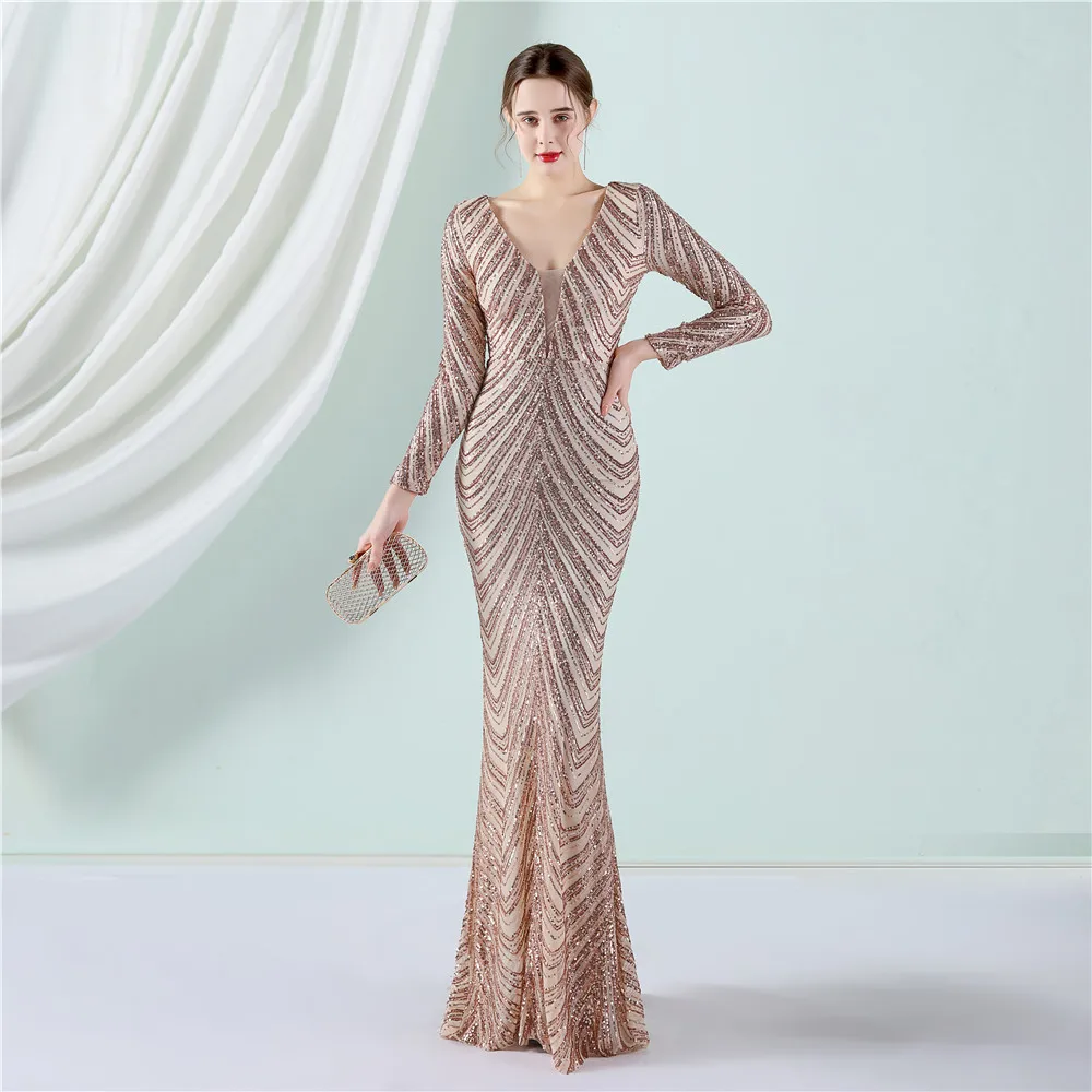 

New Arrival V-Neck Long Sleeve Sequin Prom Dress Floor-Length Mermaid Formal Evening Gown