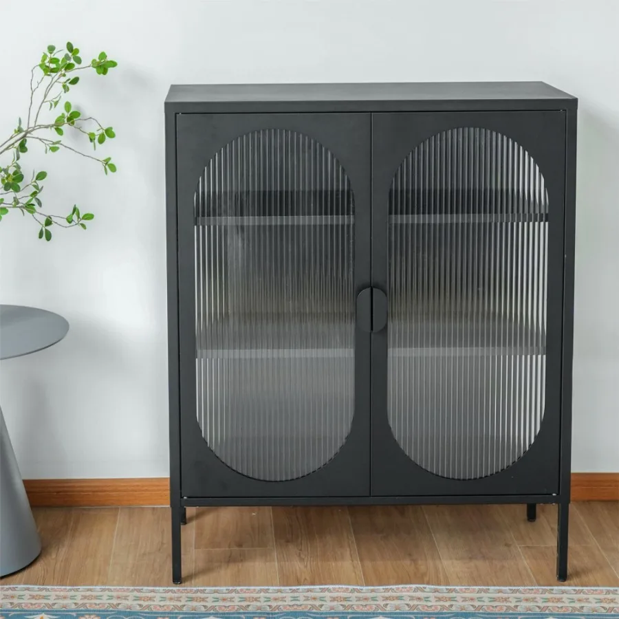 

Chic Metal Ribbed Glass Storage Cabinet with Arched Doors