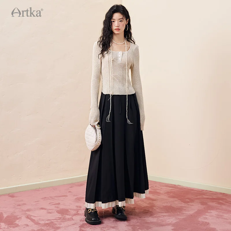 ARTKA 2023 Autumn New Women Skirt Fashion Elegant High Waist Pleated Skirts A-Line Black Long Skirt Female QA92339Q