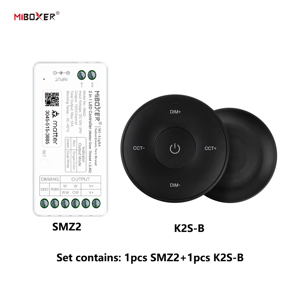 Miboxer SMZ2+K2 DC12-24V 2in1 Controller Matter Over Thread+2.4GHz Tuya APP WIFI Control Single/Double Color CCT LED Strip Light
