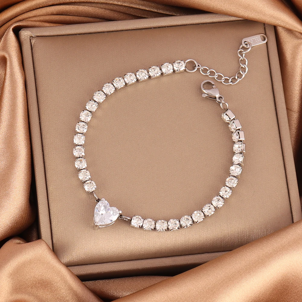 316L Stainless Steel Zircon Heart Pendant Bracelet For Women Crystal Zircon Tennis Chain Bracelets Color Jewelry