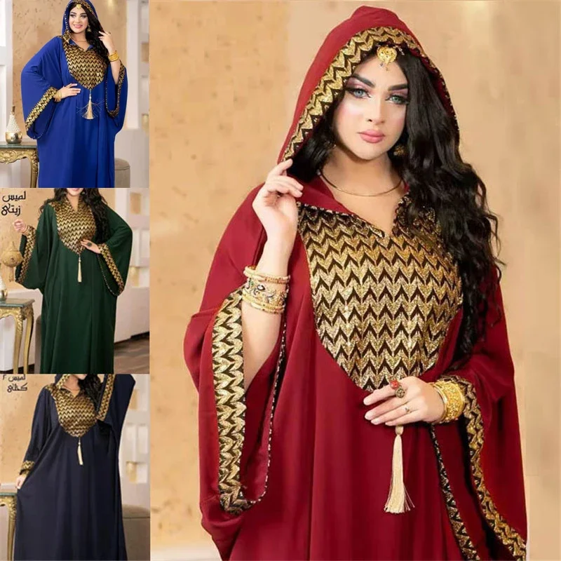 Vestido Abaya caftán musulmán para mujer, Abayas de Dubái, vestido de noche de lujo, vestido africano elegante con capucha de talla grande Boubou Djellaba para mujer