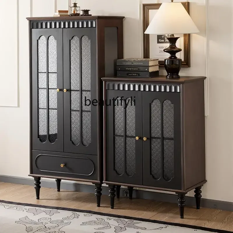 

Medieval pure solid wood wine cabinet French retro display cabinet ash wood American glass shelf living room