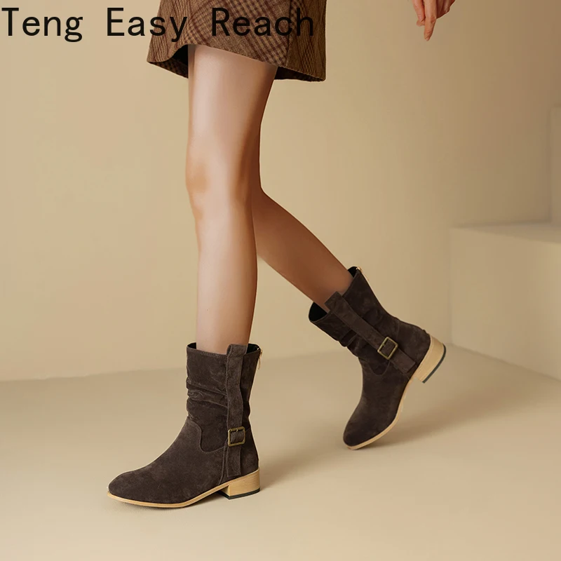 شتاء جديد الأحذية النسائية كعب منخفض كبير 40-43 الجلد المدبوغ حذاء من الجلد للنساء البني أحذية طويلة 45-48 #5