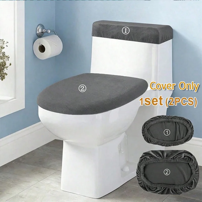 2pcs/set Elastic Toilet Seat Cover and Tank Lid Cover Soft Velvet Split Durable Toilet Dust Cover for Home Hotel Bathroom