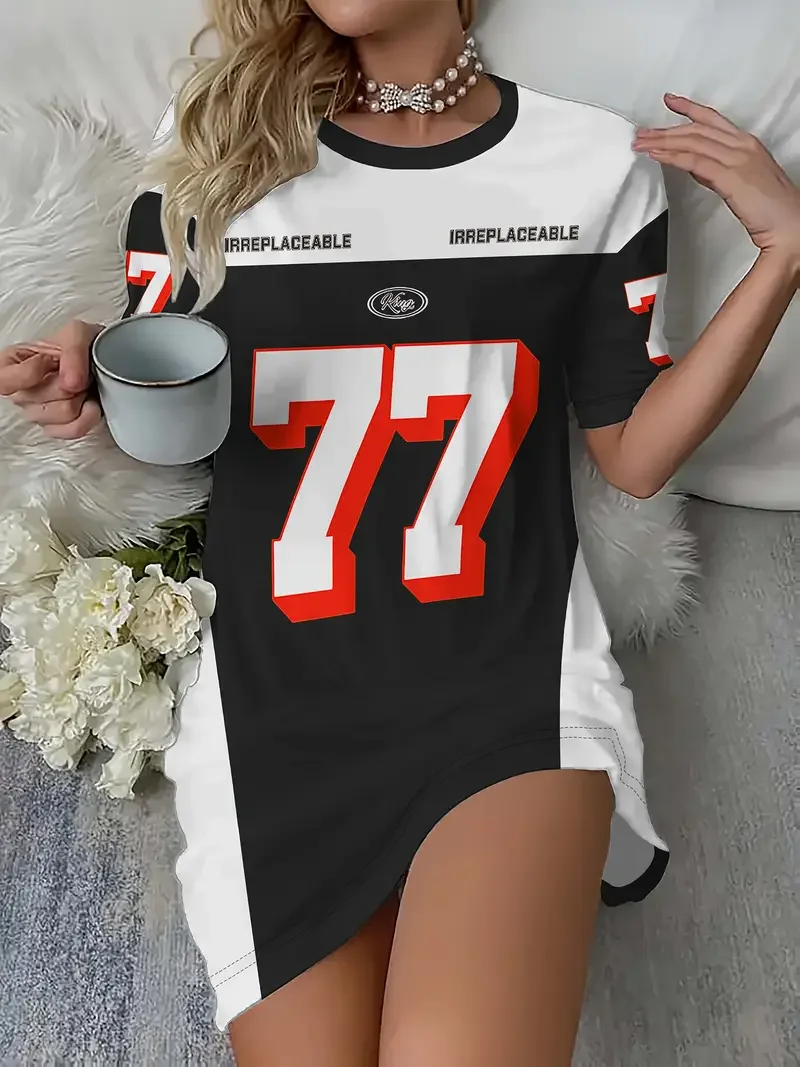 الصيف المرأة تي شيرت فستان حجم كبير رسالة عادية رقم 07 مطبوعة سيدة قصيرة الأكمام البلوز فساتين النساء الملابس