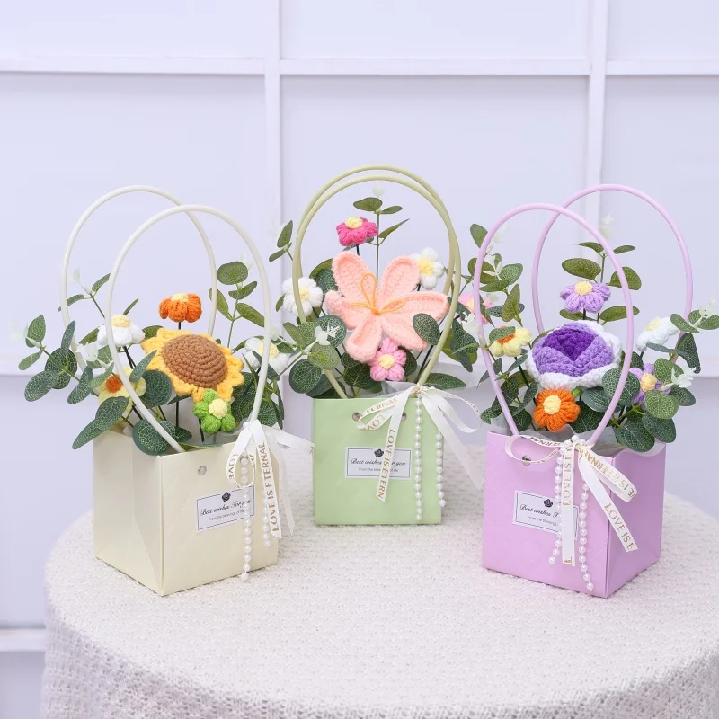 New Style Crochet Sunflowers Roses carnation Plush Plants Finished Knitted handbag Bouquets Valentine Birthday Graduation Gifts