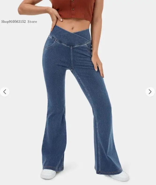 Summer and Autumn Leisure Commuting European and American High Imitation Denim Bell Bottoms Hip Lifting Bell Bottoms for Women