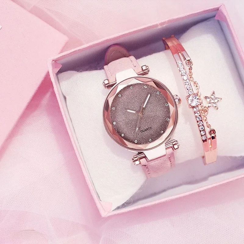 

2023 Starry Sky Women Watch Set 2Pcs Bracelet Ladies Wristwatch Pink Female Girls Clock Fashion Leather Simple Watches Montre