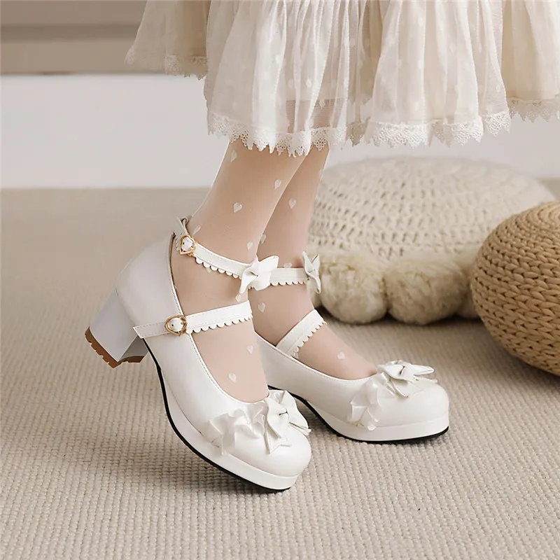 

Girls High Heels Women Lolita Shoes Cute Lace Bowknot High Heel Platform Ladies Pumps Girls Princess Wedding Party Cosplay 30-43