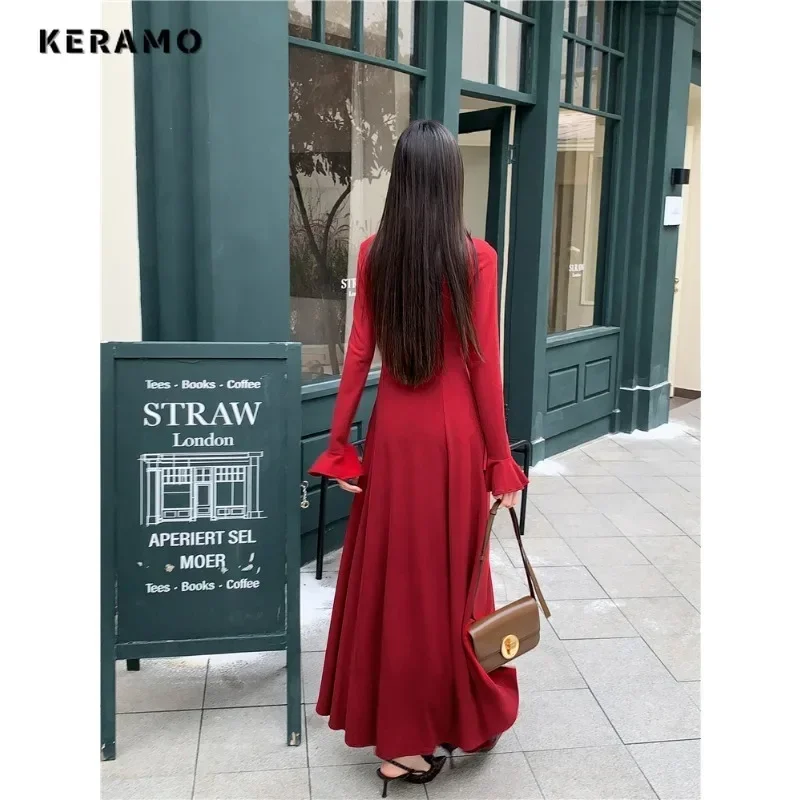 Vintage seksowne z długim rękawem kwiatowe aplikacje Slim Fit sukienki Midi 2023 wiosna damski elegancki kwadratowy kołnierzyk czerwona sukienka trapezowa