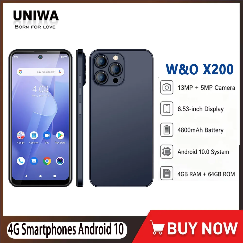 هاتف W&O X200 4G، إصدار عالمي، يعمل بنظام أندرويد 10، بشاشة مقاس 6.53 بوصة، ذاكرة وصول عشوائي (RAM) بسعة 4 جيجابايت، وذاكرة تخزين داخلية (ROM) بسعة 64 جيجابايت، يدعم شريحتي SIM، بطارية بسعة 4800 مللي 
