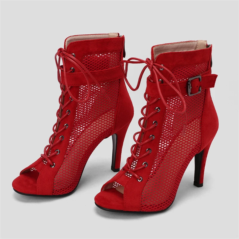 Zapatos de verano para mujer, sandalias sexis con punta abierta, botines de gladiador huecos con cordones, tacones altos, zapatos de baile de Jazz para mujer de talla grande