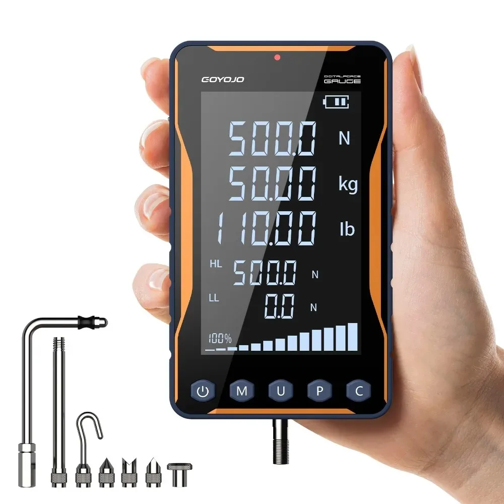 GOYOJO 500N Push Pull Force Gauge, Digital Force Meter Equipped with 7 Probes & 1 Extension Rod, HD Large Screen Portable Design