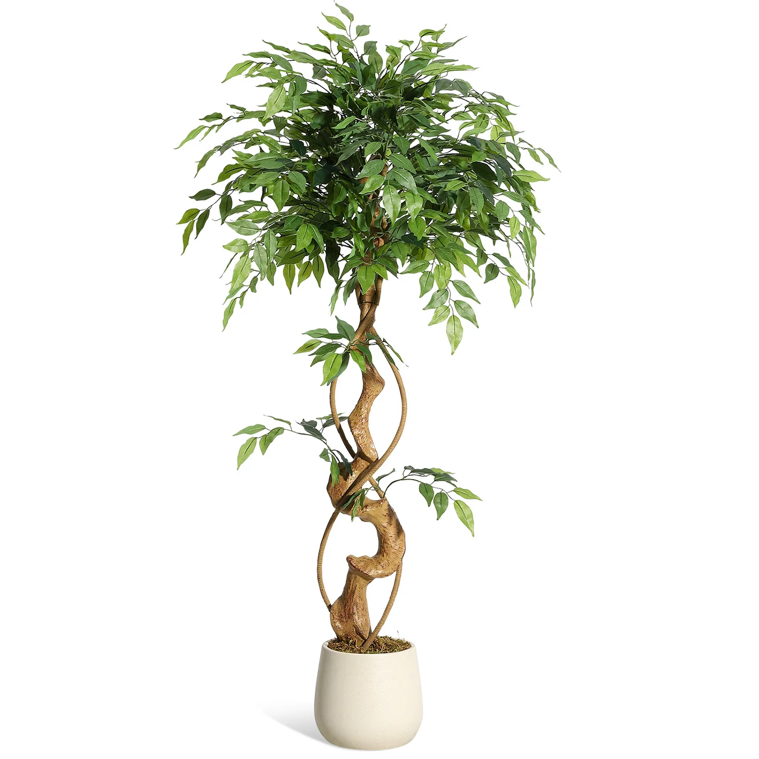 Realistischer künstlicher Ficusbaum mit gebogenem Stamm, lebensechte Kunstseidenpflanze im weißen Topf, dekoratives Innengrün für Zuhause und Büro. – Detail 12