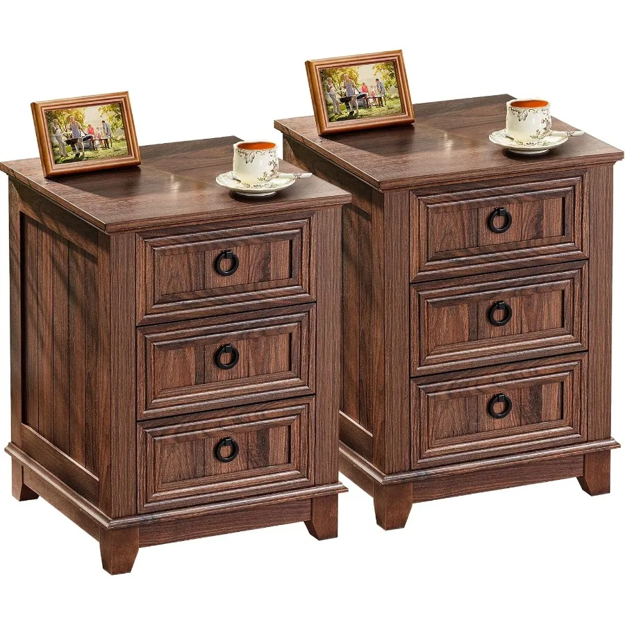 Farmhouse Night Stand Set of 2 18 End Table with 3 Drawer Metal Handle Dresser for Bedroom Sofa Bed Side Table Chest of Drawers
